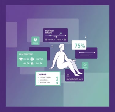 Split screen showing virtual consultation on left and in-person care visit on right, illustrating hy
