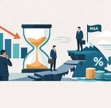 Business owner reviewing financial documents with calculator and laptop, contemplating exit timing a