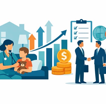 A professional medical setting showing a pediatric home health provider interacting with a young pat