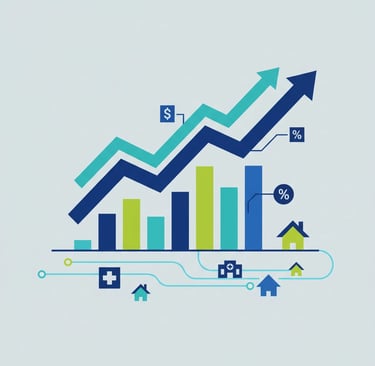 Financial charts and graphs showing upward trends in home healthcare market growth and patient vol