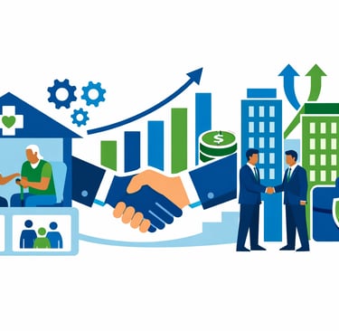 A modern home healthcare professional sitting with an elderly patient in a well-lit living room, usi