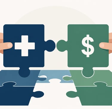 A puzzle representing a strategic acquisition with a dollar sign and a healthcare symbol.