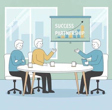 Happy healthcare clients and agency staff in a modern office setting, representing successful client