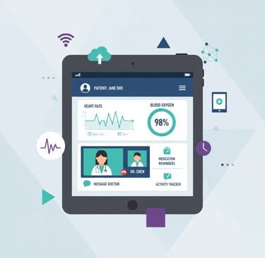 Technology platform interface displaying remote patient monitoring and telehealth capabilities