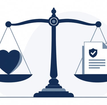 illustration of a balance scale weighing a heart against a stack of official documents, representing