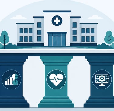 Flat-style vector of three sturdy pillars supporting a healthcare building to represent financial, c