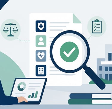 A digital magnifying glass focusing on a healthcare document with a green checkmark, symbolizing cli