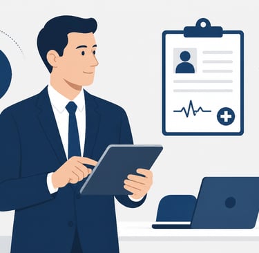 A professional flat-style vector illustration of a healthcare business leader reviewing clinical and