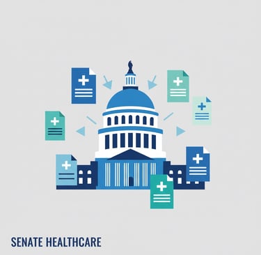 US Capitol building with healthcare policy documents and Hospital-at-Home program materials