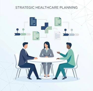 Strategic business meeting between home health agency owners and advisors reviewing payer mix optimi