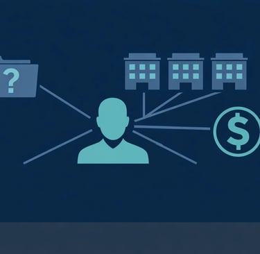 A 3D rendered graphic of a magnifying glass hovering over a stack of medical patient files, symboliz