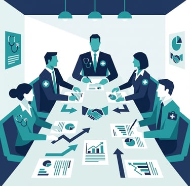 Business meeting with healthcare executives around conference table reviewing M&A presentation slide