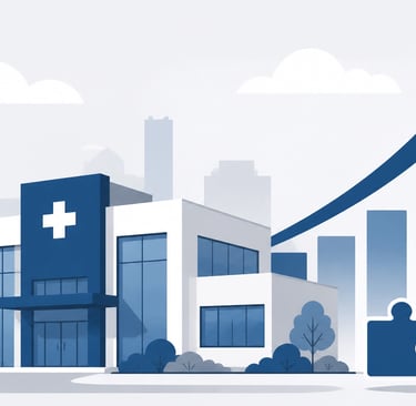 Flat-style vector illustration of a professional healthcare office building with a strategic growth