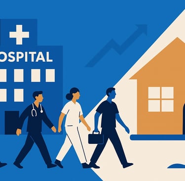 Healthcare workers walking from a hospital toward a house, with an upward arrow indicating growth in