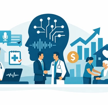 A professional clinician in a home setting using a tablet with a glowing AI interface, symbolizing t