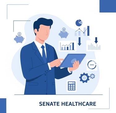 Healthcare professionals reviewing financial documents and partnership agreements in modern office