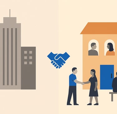 Split graphic showing a corporate office on one side and a home scene with a handshake on the other,