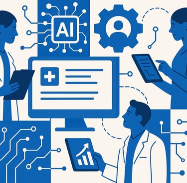 Healthcare professionals use tablets and a desktop connected by circuit lines, with an “AI” chip, us