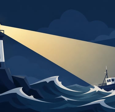 Flat-style vector illustration of a lighthouse casting a steady beam of light over a small vessel in