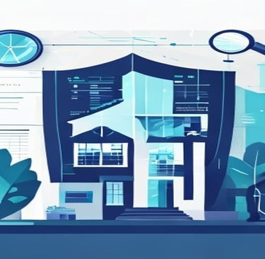 A minimalist flat-style vector illustration showing a protective shield over a building icon represe