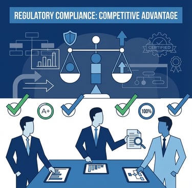 Professional meeting room with charts showing regulatory compliance and quality metrics, emphasizing