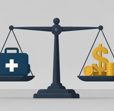 A flat vector illustration of a balance scale with a medical bag on one side and gold currency symbo