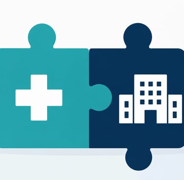 Flat-style vector illustration showing two abstract puzzle pieces, one teal and one navy blue, joini