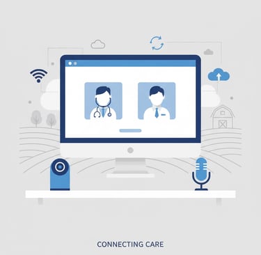 Modern telehealth setup with computer screen showing doctor consultation, representing technology in