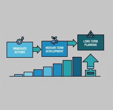 Implementation timeline infographic showing immediate, medium-term, and long-term priorities for hos