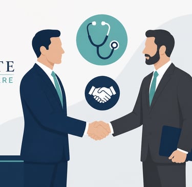 illustration of two professional figures shaking hands with icons of a stethoscope and growth chart,
