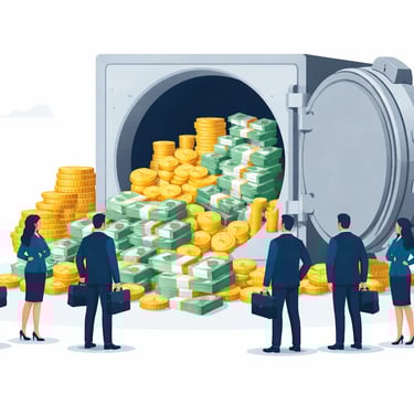Infographic showing stacked coins and capital symbols representing private equity dry powder accumul