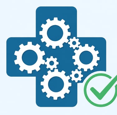 A series of white gears working inside a medical cross icon with a green checkmark indicating excell