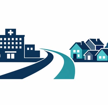 A professional healthcare setting showing a strategic meeting about hospital divestitures and home h