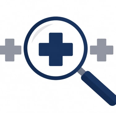 Flat-style vector illustration of a large magnifying glass examining a row of medical crosses.