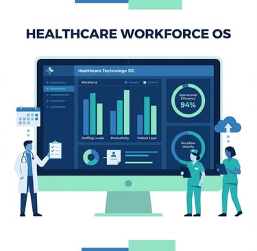 Modern healthcare technology dashboard displaying workforce management metrics and operational effic