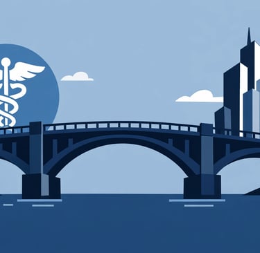 A vector graphic showing a bridge between a medical professional and a business leader, symbolizing 