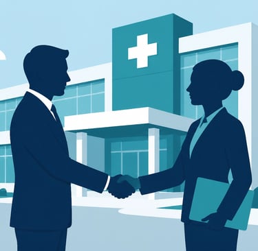 Flat-style vector illustration of two professional silhouettes shaking hands in front of a modern he
