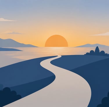 Flat-style vector illustration of a calm, professional path leading toward a horizon with a stylized