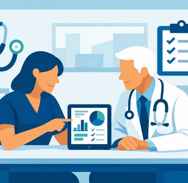 Healthcare professional meeting with physician in medical office, representing the high-value physic