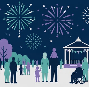 A flat-style vector illustration of a community celebration under a display of fireworks. Minimalist