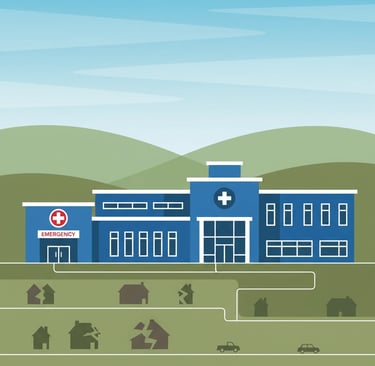 Rural hospital exterior with emergency entrance, representing healthcare access challenges in rural 