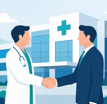 Flat-style vector illustration of two figures shaking hands in front of a modern medical facility.