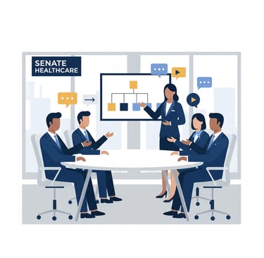 Senate Healthcare LLC logo overlaid on image of diverse healthcare professionals collaborating on st