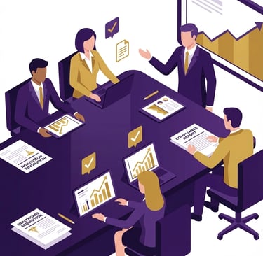 Business meeting scene with healthcare executives reviewing acquisition documents and compliance rep