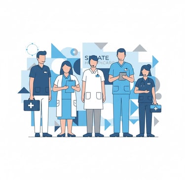 Diverse group of home healthcare workers in professional uniforms discussing patient care plans