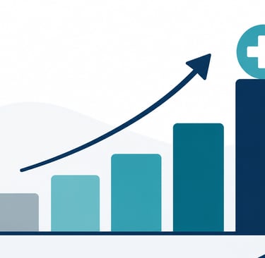 Flat-style vector bar chart with a medical cross showing rising valuation and business growth.