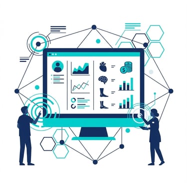 Modern healthcare technology dashboard displaying patient care analytics, financial KPIs, and operat