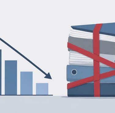 Flat-style vector illustration of a downward trending bar graph alongside a stack of document folder