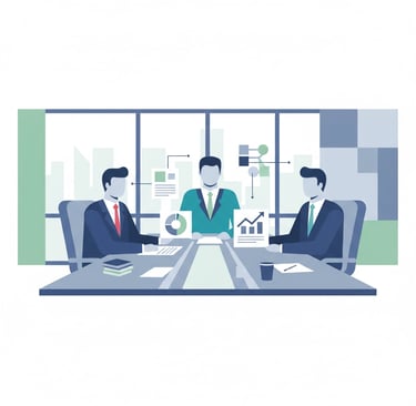 Business executives reviewing strategic planning documents with charts showing partnership opportuni