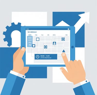 Home care manager using scheduling software on tablet to coordinate caregiver assignments